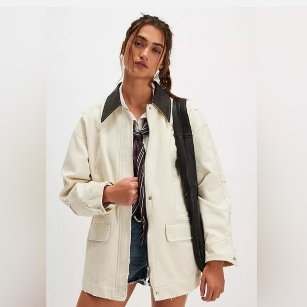 Apparis Clive Canvas Workwear Jacket Off White Faux Leather Collar L Free People